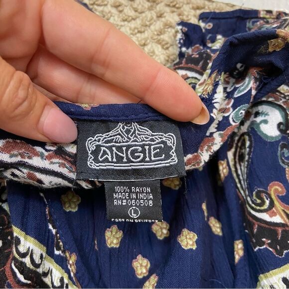 Angie Apparel Navy Paisley Bell-Sleeve Peasant Dress Size Large - Picture 4 of 11